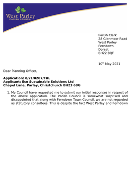 Parish Clerk 28 Glenmoor Road West Parley Ferndown Dorset BH22 8QF