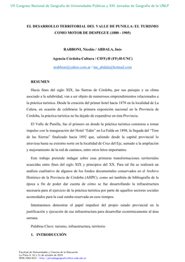 El Desarrollo Territorial Del Valle De Punilla: El Turismo Como Motor De Despegue (1880 - 1905)