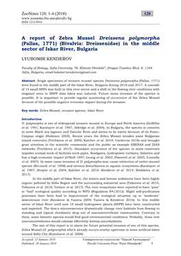 A Report of Zebra Mussel Dreissena Polymorpha (Pallas, 1771) (Bivalvia: Dreissenidae) in the Middle Sector of Iskar River, Bulgaria