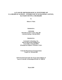 A Class Iii Archaeological Inventory of U.S. Highway 24 West – Interstate 25 to Manitou Avenue, El Paso County, Colorado