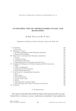 AN EXPANDING VIEW of AMINOGLYCOSIDE–NUCLEIC ACID RECOGNITION the Origin of Aminoglycoside Antibiotics Began with Streptomycin