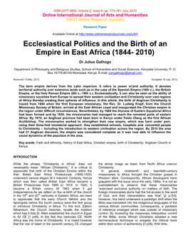 Ecclesiastical Politics and the Birth of an Empire in East Africa (1844- 2010)