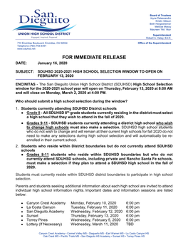 SDUHSD High School Selection 2020-21