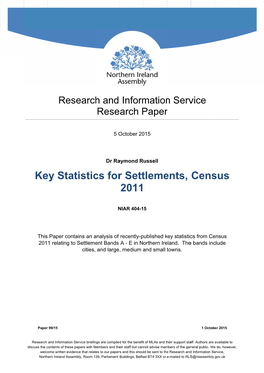 Key Statistics for Settlements, Census 2011