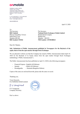 April 15, 2020 To, the Secretary the Secretary BSE Limited Phiroze