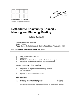 Rotherhithe Community Council – Meeting and Planning Meeting