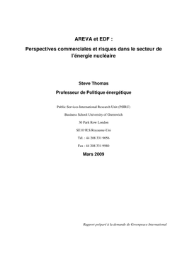 AREVA Et EDF : Perspectives Commerciales Et Risques Dans Le Secteur De L’Énergie Nucléaire