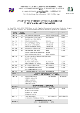 Avis D'appel D'offres National Restreint N° 01/Spa.Aadl