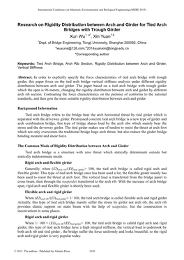 Research on Rigidity Distribution Between Arch and Girder for Tied Arch Bridges with Trough Girder Xun Wu1, A*, Xin Yuan1,B 1Dept