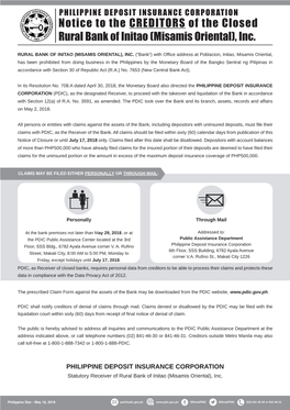 Notice to the CREDITORS of the Closed Rural Bank of Initao (Misamis Oriental), Inc