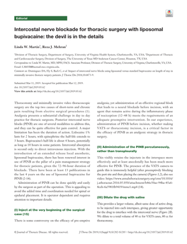 Intercostal Nerve Blockade for Thoracic Surgery with Liposomal Bupivacaine: the Devil Is in the Details