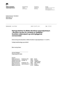 Høringsuttalelse Fra Midtre Nordland Nasjonalparkstyre - Revisjon Og Plan for Utvidelse Av Saltfjellet - Svartisen Nasjonalpark Og Omkringliggende Verneområder