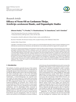 Efficacy of Neem Oil on Cardamom Thrips, Sciothrips Cardamomi Ramk., and Organoleptic Studies