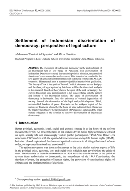 Settlement of Indonesian Disorientation of Democracy: Perspective of Legal Culture