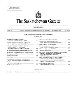 Sask Gazette, Part I, Sep 1, 2006