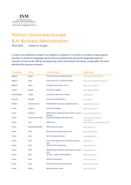 Partner Universities Europe B.A. Business Administration 26.05.2020 (Subject to Change)