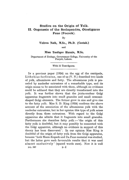 Studies on the Origin of Yolk. II. Oogenesis of the Scolopendra, Otostigmus Feae (Pocock)