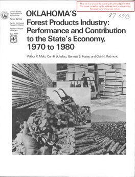 Forest Products Industry: Research Paper PNW-363 July 1986 Performance and Contribution to the State's Economy, 1970 to 1980