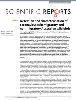 Detection and Characterisation of Coronaviruses in Migratory and Non-Migratory Australian Wild Birds Received: 12 January 2018 Anthony Chamings1,2, Tifanie M