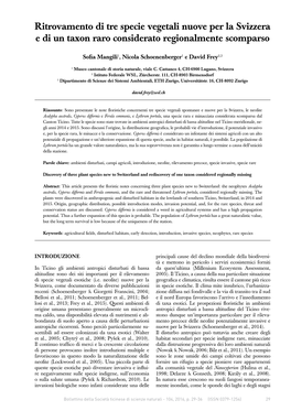 Ritrovamento Di Tre Specie Vegetali Nuove Per La Svizzera E Di Un Taxon Raro Considerato Regionalmente Scomparso