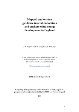 Mapped and Written Guidance in Relation to Birds and Onshore Wind Energy Development in England