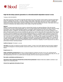 High Fat Diet Delays Plasmin Generation in a Thrombomodulin-Dependent Manner in Mice