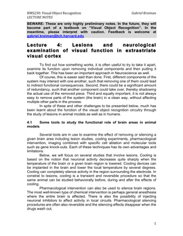 Lecture 4: Lesions and Neurological Examination of Visual Function in Extrastriate Visual Cortex