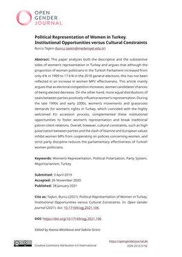 Political Representation of Women in Turkey. Institutional Opportunities Versus Cultural Constraints Burcu Taşkın (Burcu.Taskin@Medeniyet.Edu.Tr)