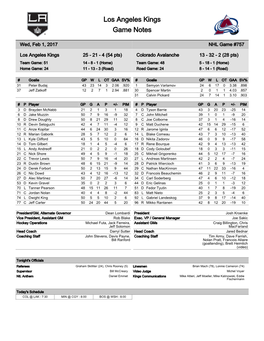 Los Angeles Kings Game Notes