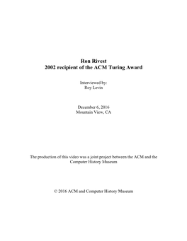 Ron Rivest 2002 Recipient of the ACM Turing Award