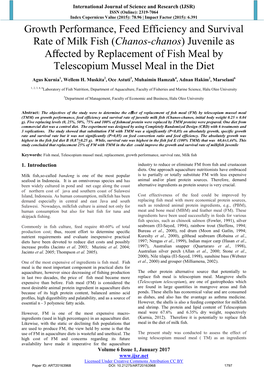 Growth Performance, Feed Efficiency and Survival Rate of Milk Fish