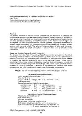 Principles of Selectivity in Fischer-Tropsch SYNTHESIS Hans Schulz Engler-Bunte-Institute, University of Karlsruhe Kaiserstrasse 12, 76128 Karlsruhe, Germany