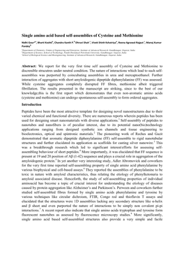 Single Amino Acid Based Self-Assemblies of Cysteine and Methionine