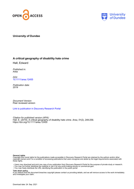 University of Dundee a Critical Geography of Disability Hate Crime