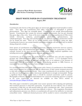 DRAFT WHITE PAPER on CYANOTOXIN TREATMENT August, 2015