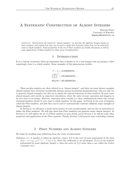 A Systematic Construction of Almost Integers Maysum Panju University of Waterloo Mhpanju@Uwaterloo.Ca