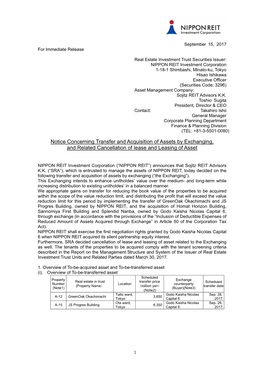 Notice Concerning Transfer and Acquisition of Assets by Exchanging, and Related Cancellation of Lease and Leasing of Asset