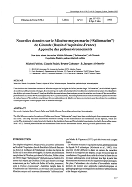 Nouvelles Données Sur Le Miocène Moyen Marin ("Sallomacien") De Gironde (Bassin D'aquitaine-France) Approche Des Paléoenvironnements