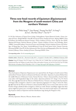 Three New Fossil Records of Equisetum (Equisetaceae) from the Neogene of South-Western China and Northern Vietnam