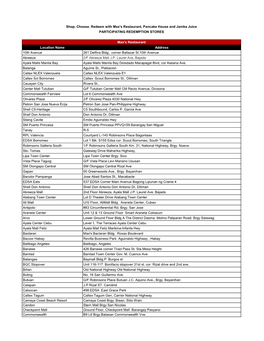 Max's Restaurant, Pancake House and Jamba Juice PARTICIPATING REDEMPTION STORES