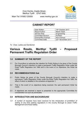 Proposed Permanent Traffic Regulation Order