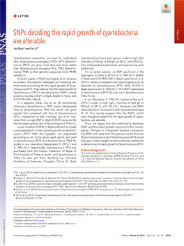 Snps Deciding the Rapid Growth of Cyanobacteria Are Alterable LETTER Jie Zhoua and Yin Lia,1