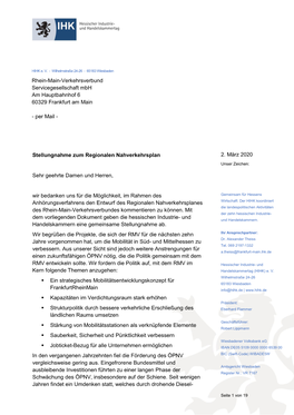 Stellungnahme Zum Regionalen Nahverkehrsplan 2020-2030 Des