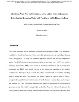 Classifying Asian Rice Cultivars (Oryza Sativa L.) Into Indica and Japonica