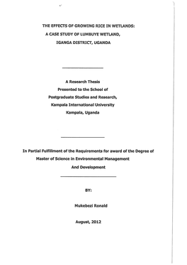 A CASE STUDY of Lumbuye WETLAND, IGANGA DISTRICT, UGANDA a Research Thesis Presented To