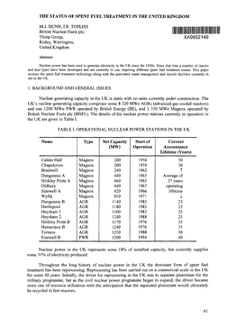 The Status of Spent Fuel Treatment in the United Kingdom