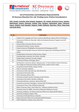 List of Universities and Institutions Represented by KC Overseas Education Pvt