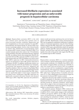 Increased Fibrillarin Expression Is Associated with Tumor Progression and an Unfavorable Prognosis in Hepatocellular Carcinoma