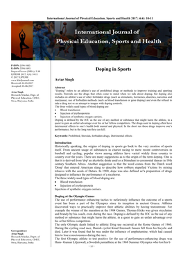 Doping in Sports IJPESH 2017; 4(4): 10-11 © 2017 IJPESH Avtar Singh Received: 04-05-2017 Accepted: 05-06-2017 Abstract