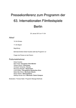 Pressekonferenz Zum Programm Der 63. Internationalen Filmfestspiele Berlin